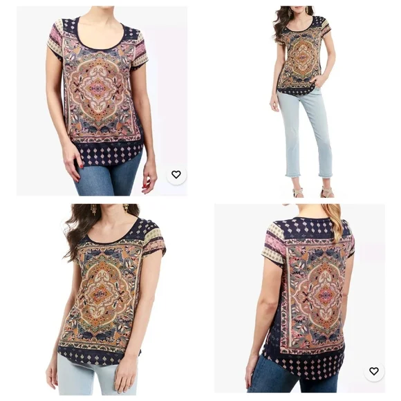 NWT Lucky Brand Persian Carpet Scoop Neck Short Sleeve Tee Shirt Navy XL - Picture 2 of 16